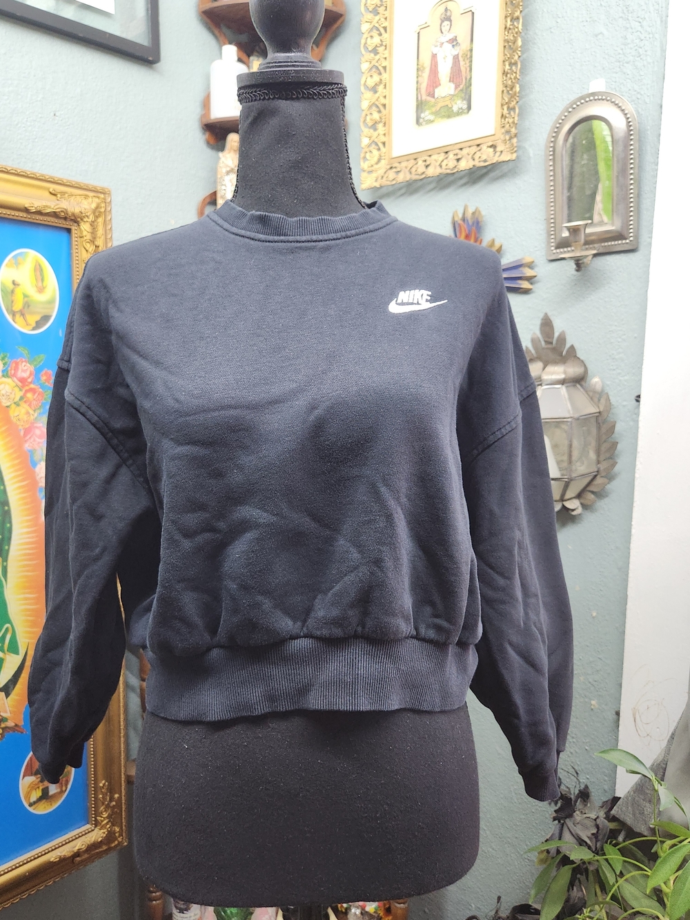 Nike Black Cropped Crew Sweatshirt with White Swoosh